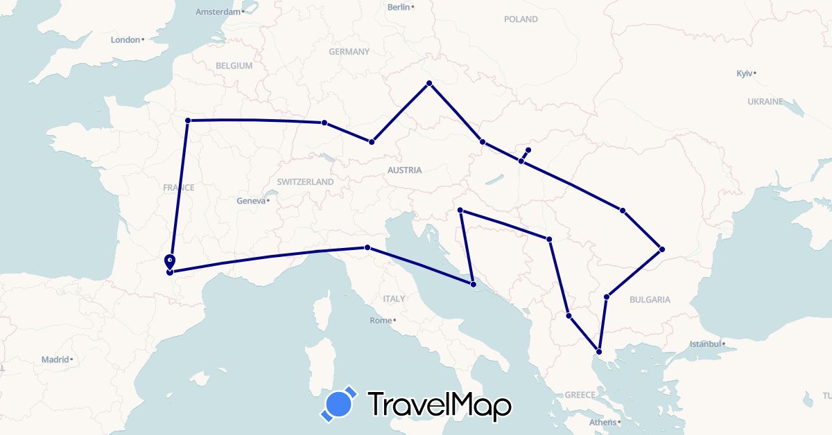 TravelMap itinerary: driving in Bulgaria, Czech Republic, Germany, France, Greece, Croatia, Hungary, Italy, Macedonia, Romania, Serbia, Slovakia (Europe)